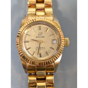 Vintage Enicar 25 Jewels Automatic Watch Ladies Gold Tone Date Incabloc Working